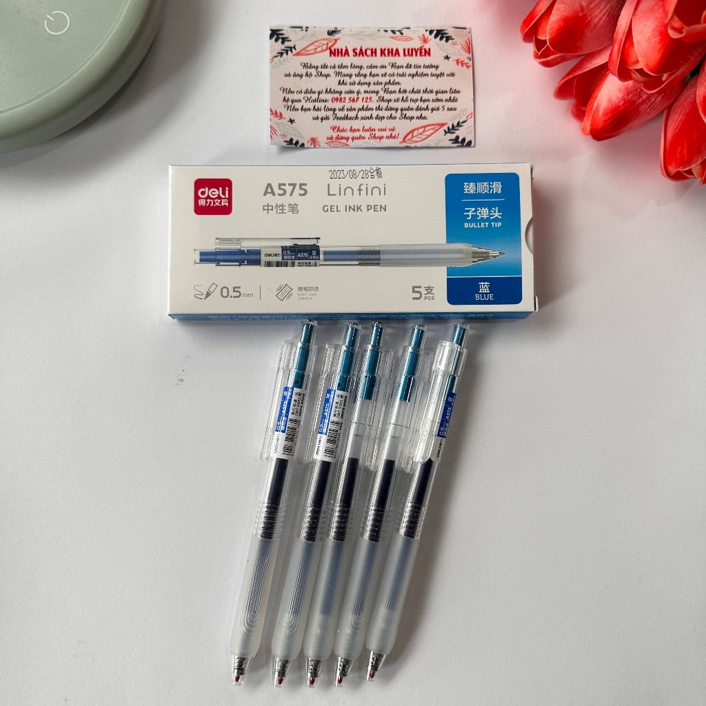 Bút Bi Mực Nước Cao Cấp Deli A575, Bút Bi Bấm Mực Đen Xanh Ngòi 0.5mm/ Có Ruột Thay Thế