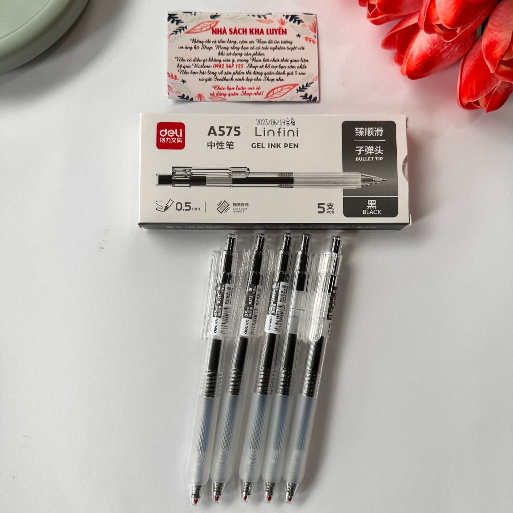 Bút Bi Mực Nước Cao Cấp Deli A575, Bút Bi Bấm Mực Đen Xanh Ngòi 0.5mm/ Có Ruột Thay Thế