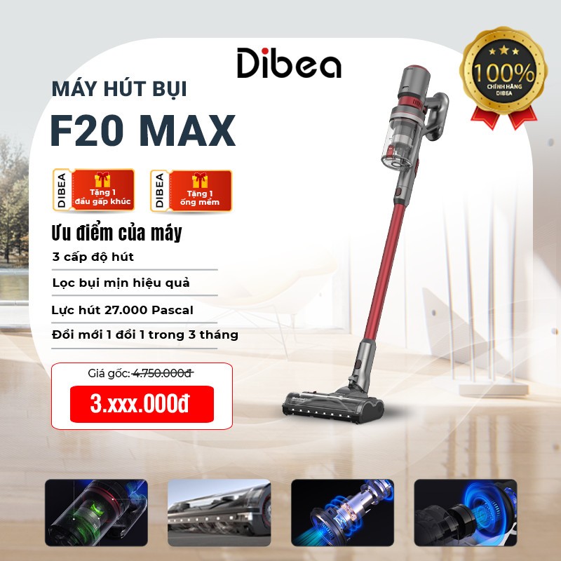 Máy hút bụi không dây cầm tay DIBEA F20 Max lực hút siêu mạnh, 3 cấp độ hút, tiết kiệm năng lượng