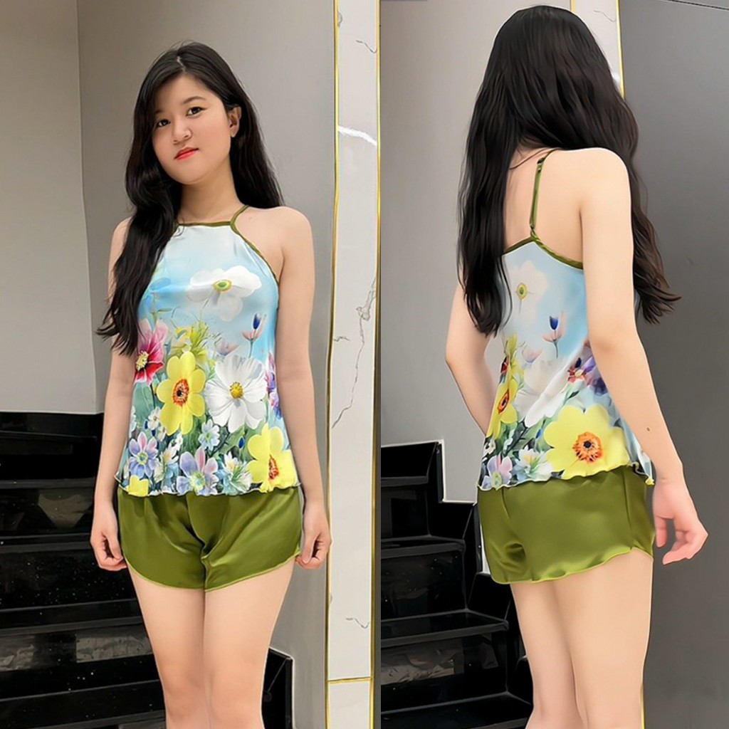 Đồ Bộ Yếm Hisexy 2 Dây Lụa Satin In 3D Cao Cấp MS75