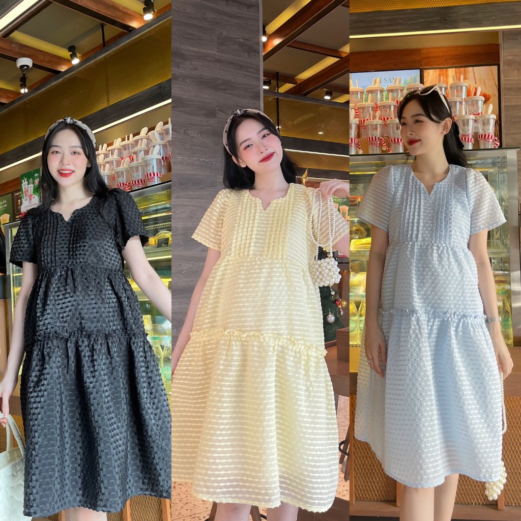 Đầm Bầu tơ dệt ren cao cấp nhún tầng xếp ly sang chảnh