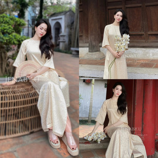 Set áo dài Nhật Hạ cổ tròn dáng suông màu be quần cam sữa