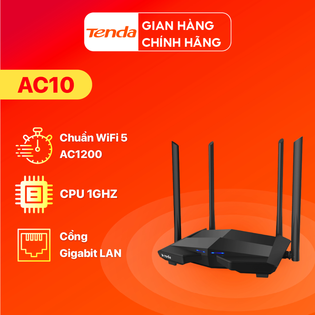 Bộ Phát Wifi Tenda AC10 Băng Tần Kép Chuẩn AC 1200Mbps - Hàng Chính Hãng