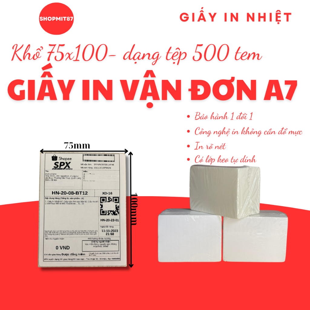 Giấy In Nhiệt A7 Giấy vận đơn sàn điện tử Giấy decal tự dính loại 500 tờ khổ 75x100mm khổ 76x130mm