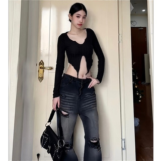 Áo thun croptop dài tay vạt chéo phong cách y2k