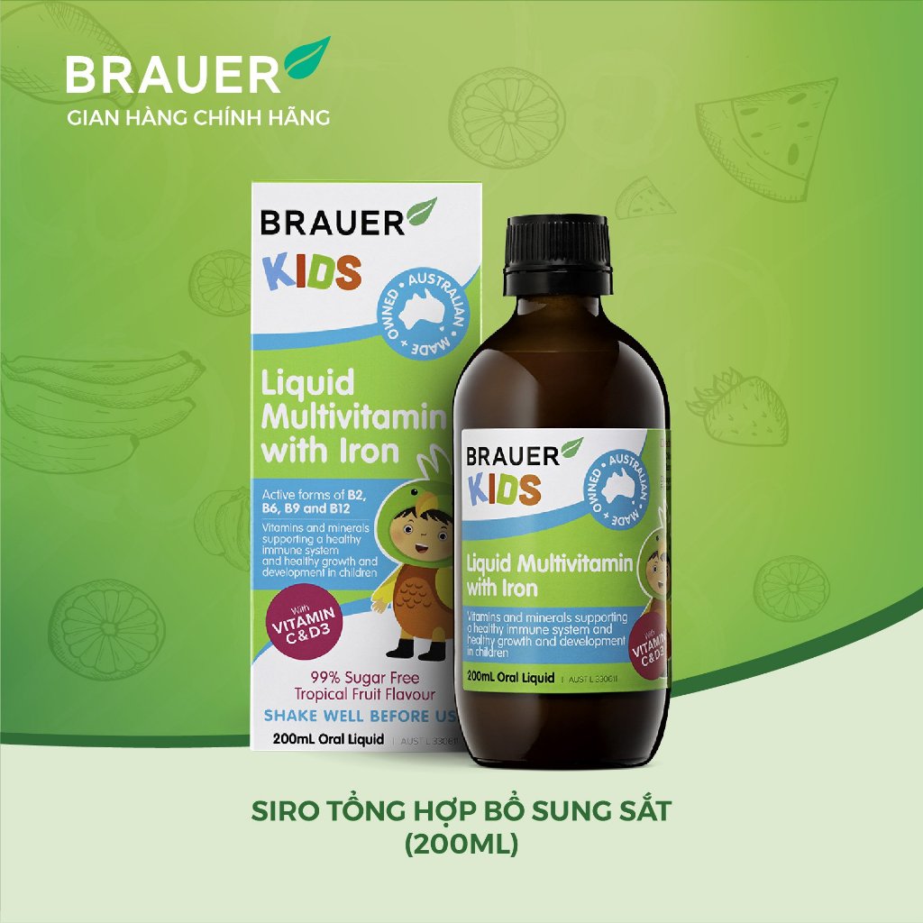 Siro BRAUER Kids Liquid Multivitamin With Iron - Vitamin bổ sung Sắt & Phát triển Toàn diện cho trẻ từ 3 tuổi (200ml)