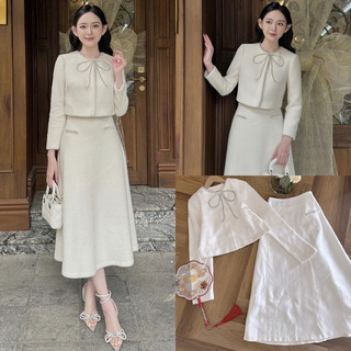 Set áo crop nỉ bông viền đen + chân váy midi đuôi cá trắng