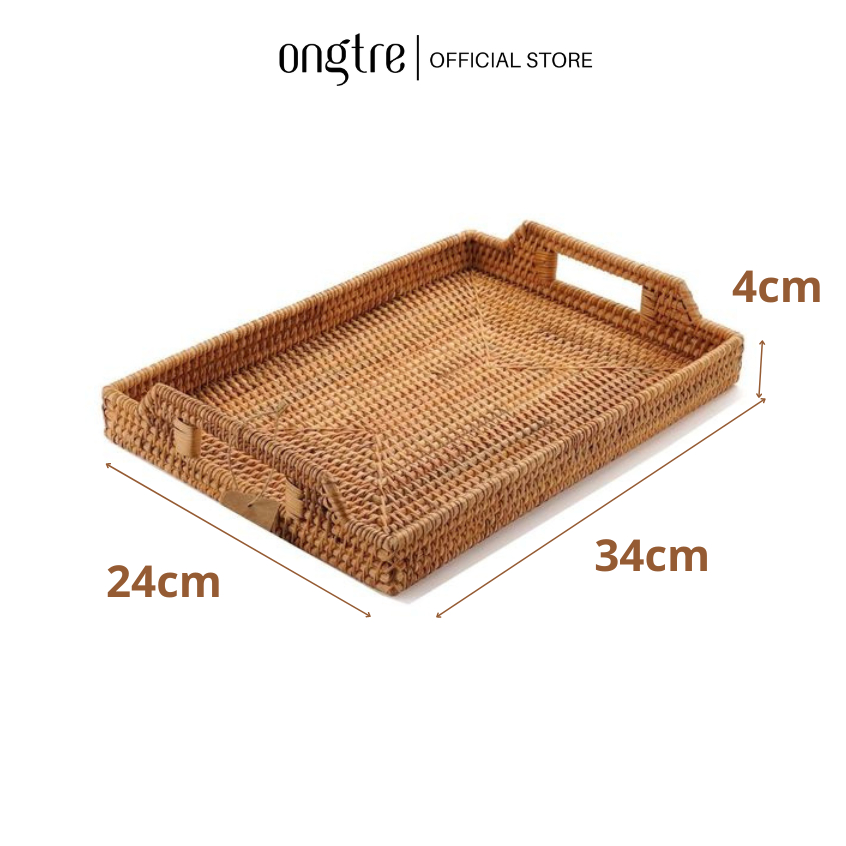 Khay mây chữ nhật tay cầm ONGTRE để ấm chén, hoa quả, bánh kẹo cho phòng khách, nhà bếp