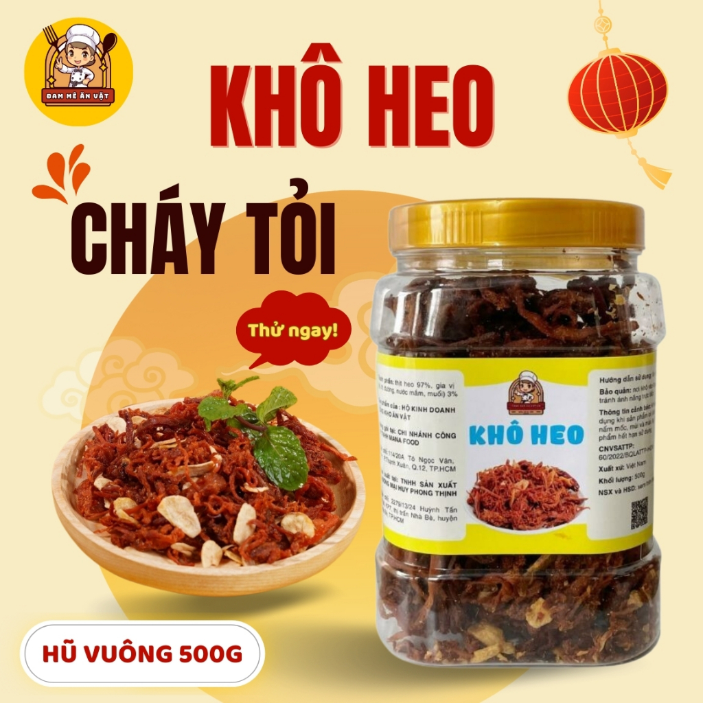 Khô Heo Cháy Tỏi Hũ Vuông 500g Cay Mặn Đậm Đà Ăn Vặt Thích Mê - Khô Lợn An Toàn Vệ Sinh - Thịt Lợn Khô Đam Mê Ăn Vặt