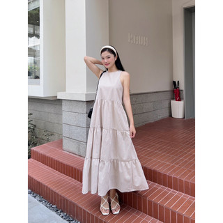 Váy caro thô linen sát nách freesize thiết kế - BYSII