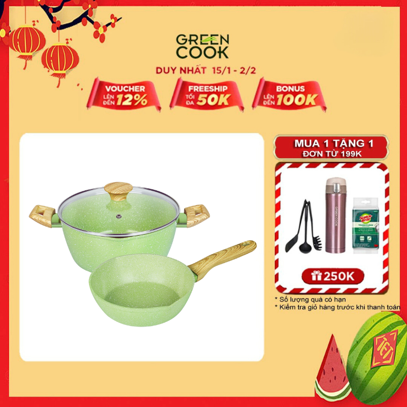 Combo nồi và chảo men đá chống dính miệng rót 231-24cm Green Cook