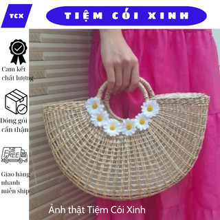 Túi Cói đan thưa Vintage hình Bán Nguyệt trang trí Hoa Cúc dễ thương Tiệm Cói Xinh