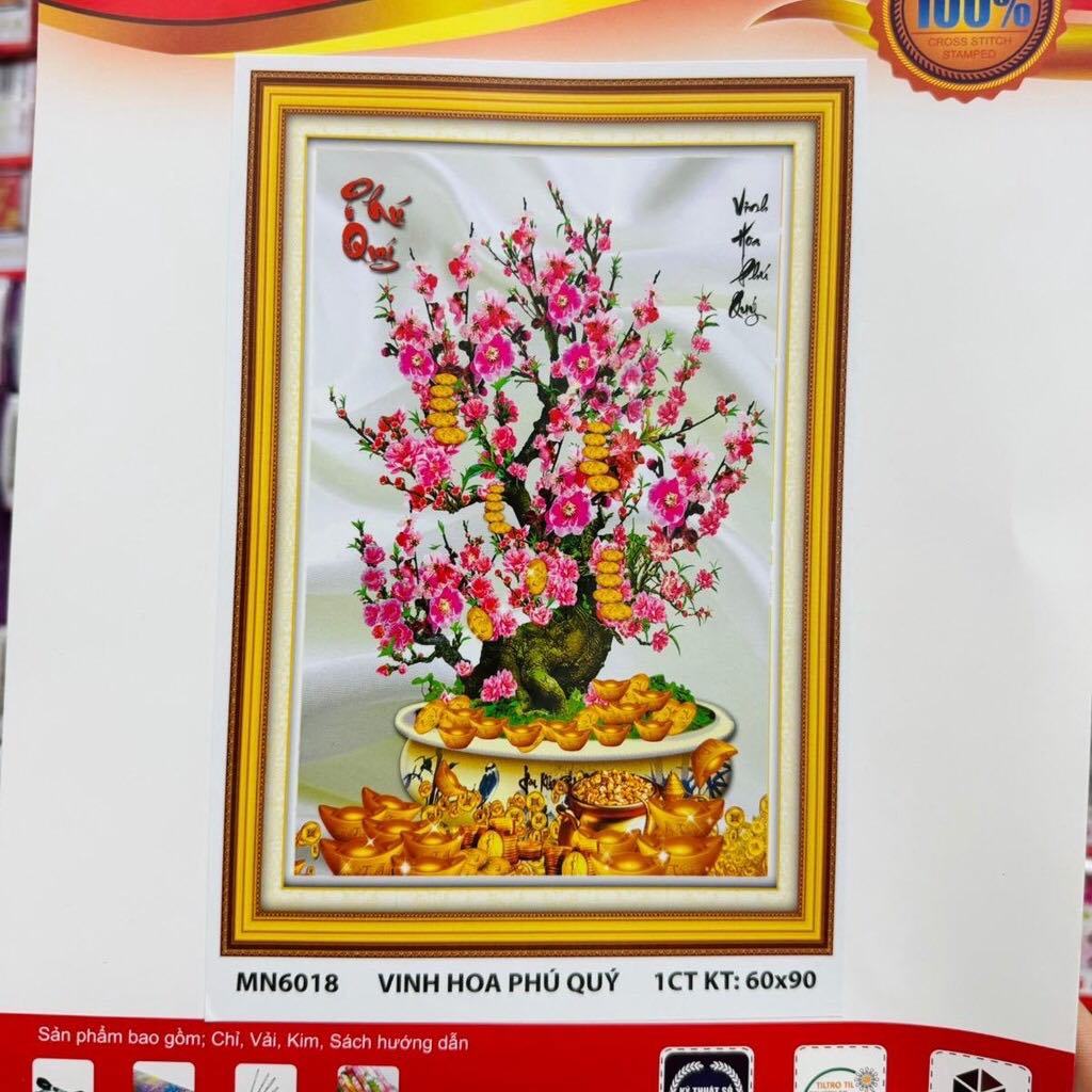 Tranh thêu kín Cây Hoa Đào MN6018  - Tranh chưa thêu