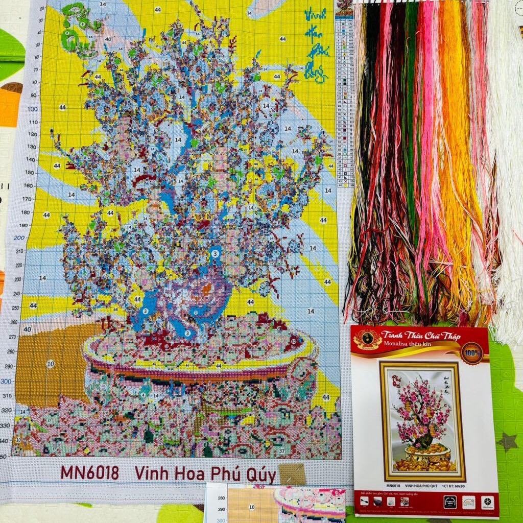 Tranh thêu kín Cây Hoa Đào MN6018  - Tranh chưa thêu