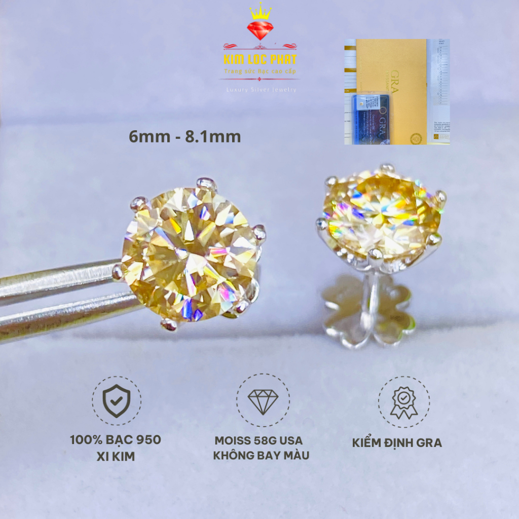 Bông tai moissanite màu trà 58 giác Bạc xi bạch kim 6-8.1mm, Khuyên tai bạc nam nữ đá kim cương nhân tạo - KLP