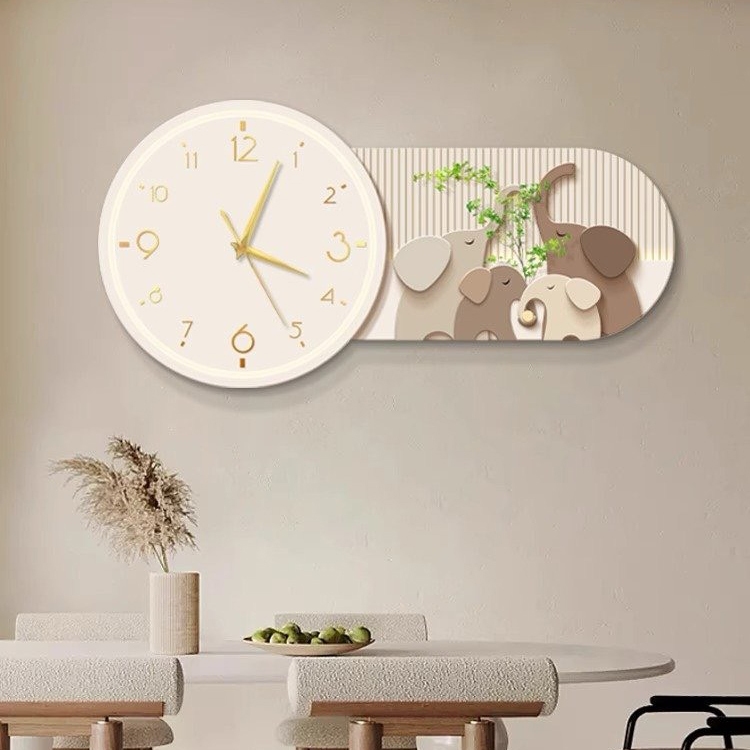 Tranh tráng gương đồng hồ gia đình voi nghệ thuật sang trọng trang trí nhà cửa DG262