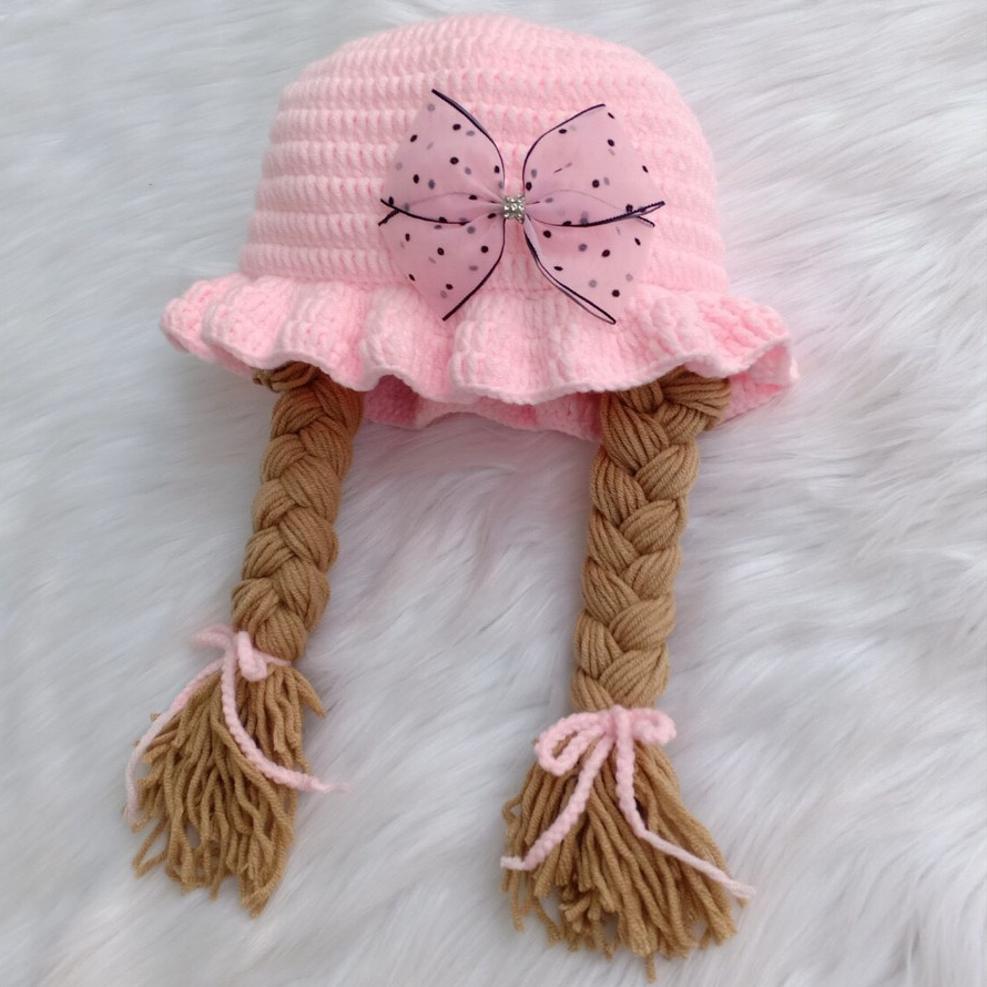 Nón len có 2 bím tóc cho bé trang trí nơ chấm bi - Dương liễu handmade