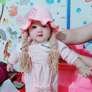 Nón len có 2 bím tóc cho bé trang trí nơ chấm bi - Dương liễu handmade