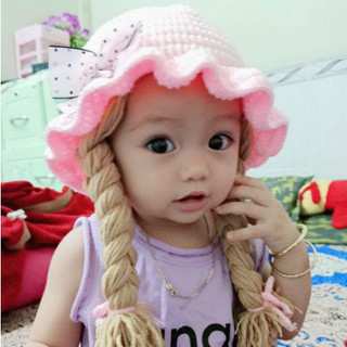 Nón len có 2 bím tóc cho bé trang trí nơ chấm bi - Dương liễu handmade