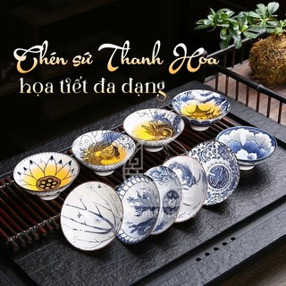 Chén sứ thanh hoa lam cổ, chén trà cảnh đức họa tiết vẽ tay cao cấp