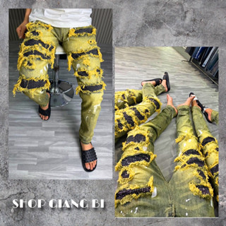 Quần xanh vá đen vladak đính đá rách xù,quần jean amiri đính đá trắng phối màu chấm sơn trắng 4 khuy kiểu boy phố