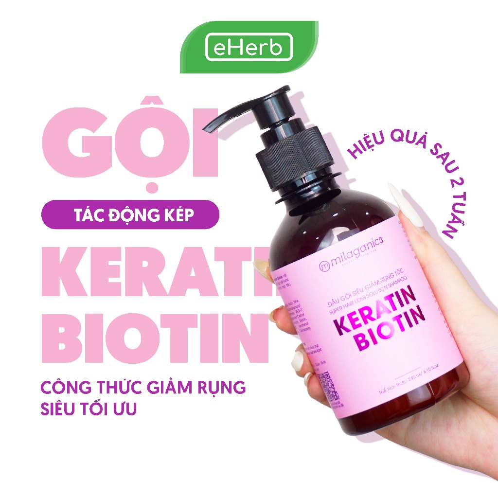 Dầu Gội Mọc Tóc Keratin &amp; Biotin MILAGANICS Công Thức Giảm Rụng Siêu Tối Ưu - Dầu Gội Đầu Ngăn Ngừa Rụng 240ml (Chai)