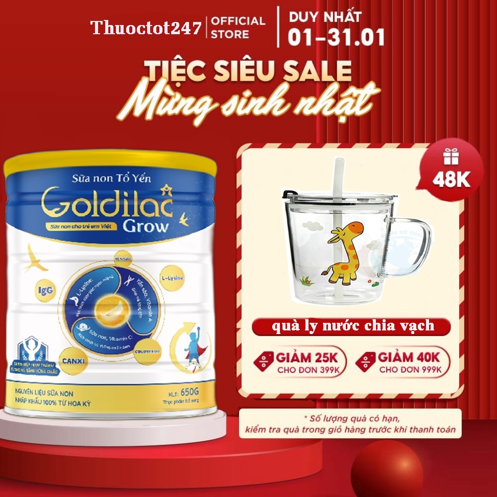 Sữa non tổ yến Goldilac Grow 650g- Sữa tăng cân,Tăng Sức Đề Kháng