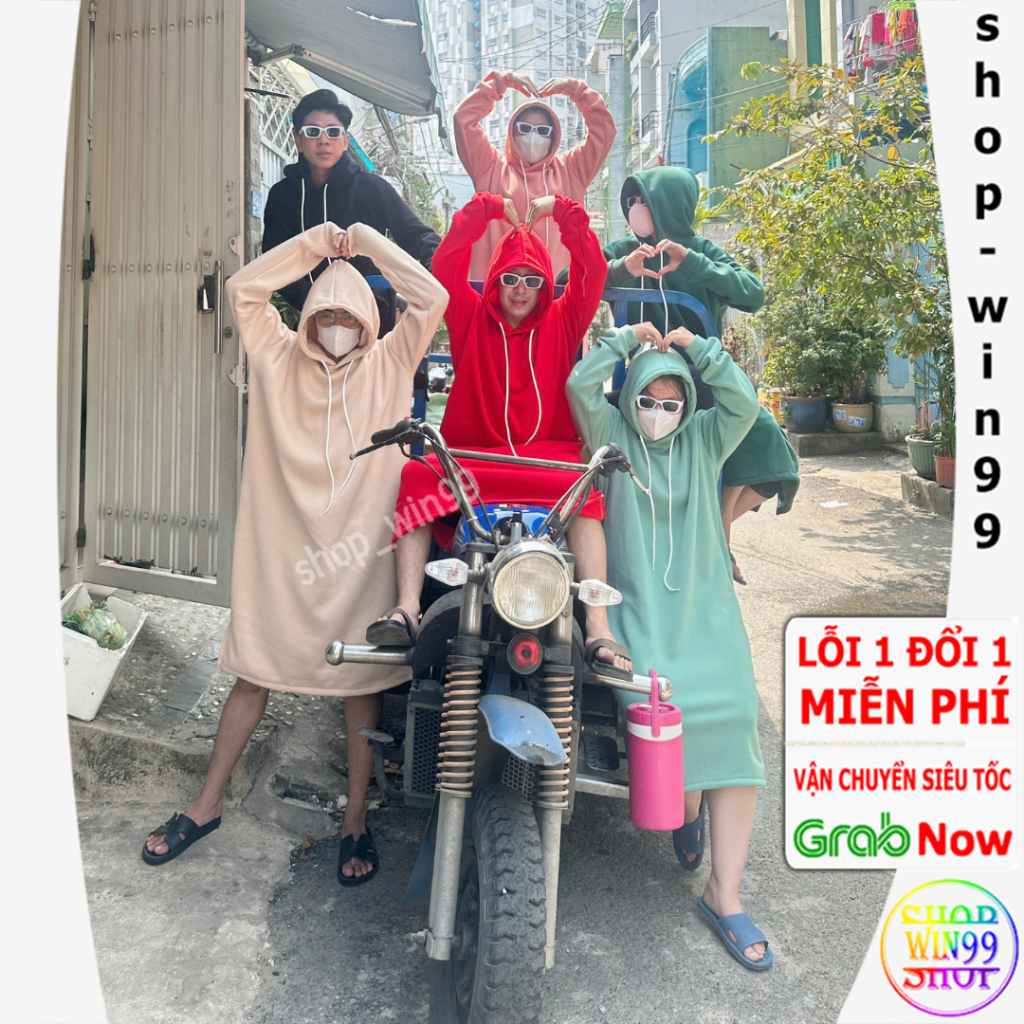 Áo hoodie fom rộng siêu to khổng lồ 6 màu thu đông kiểu đầm dài có nón 2 lớp sẽ tà kiểu Mỹ phong cách trẻ trung - win99