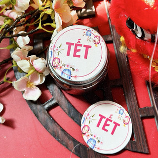 Tem tết tròn - hoạ tiết đèn lồng - tem tết hồng