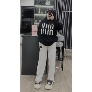 Quần dài ông suông dây rút thêu logo mặt cười, quần nữ lưng thun cu giãn chất liệu len mỏng