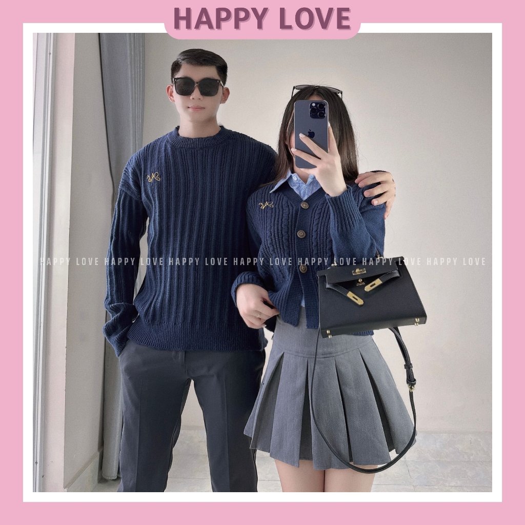 Áo len đôi nam nữ hàn quốc mùa đông màu xanh than mix sơ mi croptop kẻ sọc thời trang cho cặp đôi HA