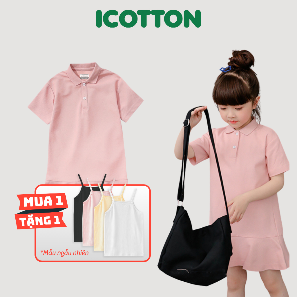 Váy liền thân bé gái Icotton trơn màu Hồng chất cotton 4 chiều BG187