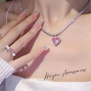Dây chuyền / Choker đính đá mặt trái tim đá màu hồng - Huyền Accessories - HN82