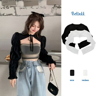 Áo sơ mi nữ kiểu tay phồng choàng đầu, sơ mi khoác ngoài dáng ngắn trẻ trung cá tính SM291
