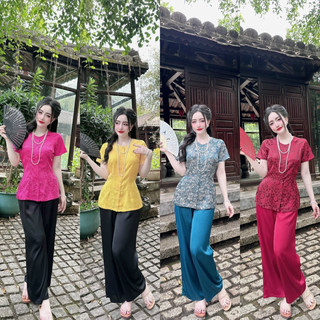 Đồ bà ba gấm xịn mặc Tết tay ngắn quần lụa latin lên form đẹp may kỹ mát mẻ
