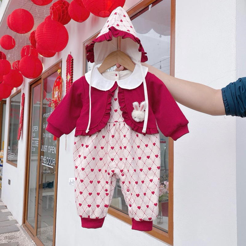 Áo Liền Thân Cho Bé Gái, Bộ Đồ Liền Thân bodysuit Màu Đỏ Cổ Trắng Họa Tiết Tim Cho Bé Sơ Sinh Từ 4-1