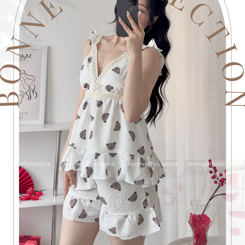 Đầm Ngủ Ngắn Sexy Nữ, Váy Dài Ngủ Không Tay Cánh Tiên Bèo Nhẹ Xinh Xắn, Xốp Cotton Hàn Quốc Dễ Thương Bonne DASEDR159