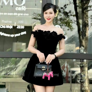 Đầm kiểu nữ trể vai phối bèo, đầm suông chữ A sang trọng chất nhung cứng, váy tiểu thư đi tiệc