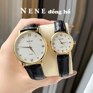 Đồng hồ cặp hl ah545 số la mã dây da 2 màu đen nâu