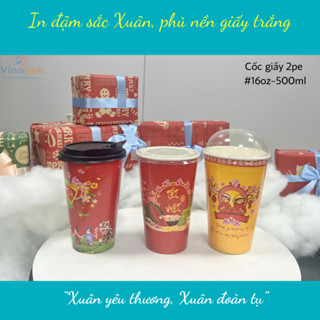 Set 50 cốc giấy in Tết Việt Nam, dung tích 500ml. Dùng cho tiệc, sự kiện, chuỗi Coffee, giải khát, trà sữa,...