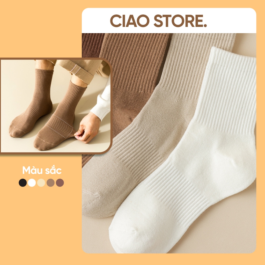 Tất vớ trơn basic nam nữ cổ cao cổ trung CIAO VC06 dệt kim dày dặn co giãn, màu trơn trắng kem, be, nâu Freesize
