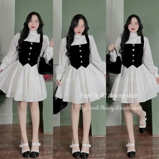 Đầm nữ dáng xòe ngắn tay dài phối áo girlle đính nút, sét đầm 2 món đi tiệc đi cưới bao sang xịn mịn