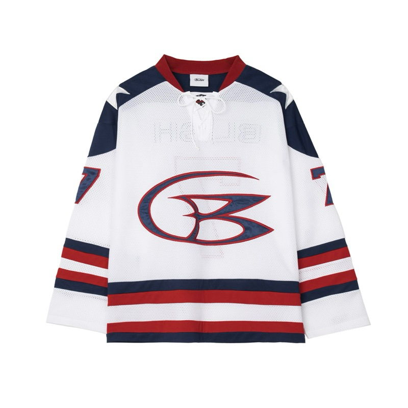 Blish B logo Hockey Jersey trắng phối xanh đỏ.
