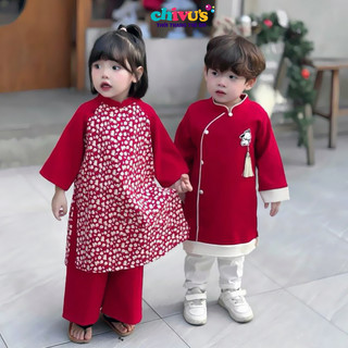 Áo dài cho bé trai bé gái diện Tết 2024 mẫu mới chất nhung chéo họa tiết đáng yêu cho bé 1 2 3 4 5 tuổi