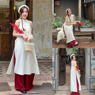 Set áo dài hoa nổi cổ yếm cột nơ cổ + quần suông 🤍