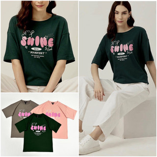 Áo thun cánh dơi form rộng, cổ tròn thun lụa 4 chiều in chữ SHINE hồng, 3 màu