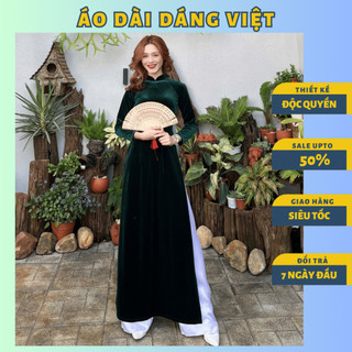 áo dài nhung truyền thống xanh lá đậm trơn 2 da may sẵn cao cấp sang trọng quý phái