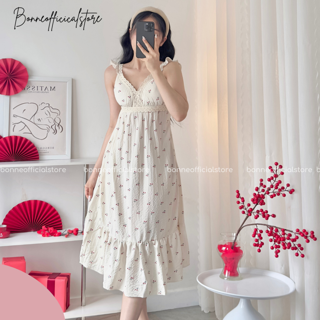 Đầm Ngủ Ngắn Sexy Nữ, Váy Dài Ngủ Không Tay Cánh Tiên Bèo Nhẹ Xinh Xắn, Xốp Cotton Hàn Quốc Dễ Thương Bonne DASEDR159