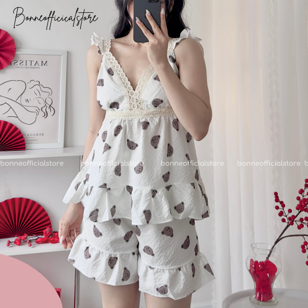 Đầm Ngủ Ngắn Sexy Nữ, Váy Dài Ngủ Không Tay Cánh Tiên Bèo Nhẹ Xinh Xắn, Xốp Cotton Hàn Quốc Dễ Thương Bonne DASEDR159
