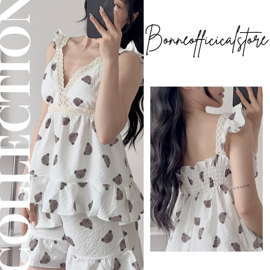 Đầm Ngủ Ngắn Sexy Nữ, Váy Dài Ngủ Không Tay Cánh Tiên Bèo Nhẹ Xinh Xắn, Xốp Cotton Hàn Quốc Dễ Thương Bonne DASEDR159